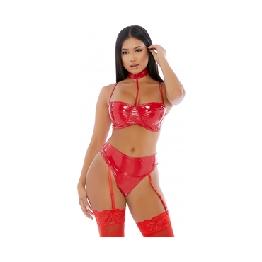 CONJUNTO DE LENCERÍA DE VINILO CON CUELLO ROJO